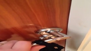 Cuckold locked in chastity cage and out of the bedroom with his wife and her lover